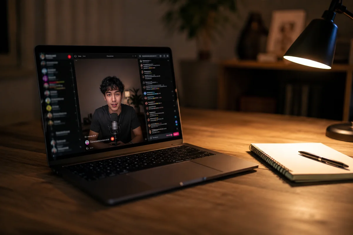 A laptop on a desk at night streaming a TikTok LIVE beside a notebook — recording a free TikTok live recorder session