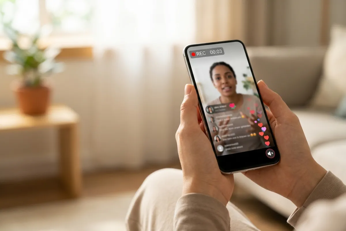 Hands holding a phone screen-recording a TikTok LIVE, with the REC 00:03 timer bar and heart reactions on screen — can you screen record a TikTok live