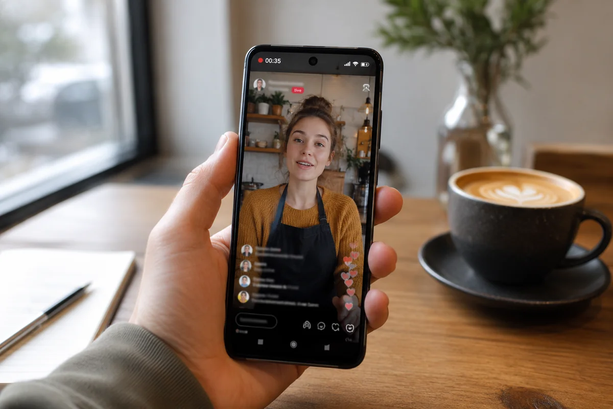 A hand holding an Android phone showing a TikTok LIVE with heart reactions — how to record a TikTok live on Android