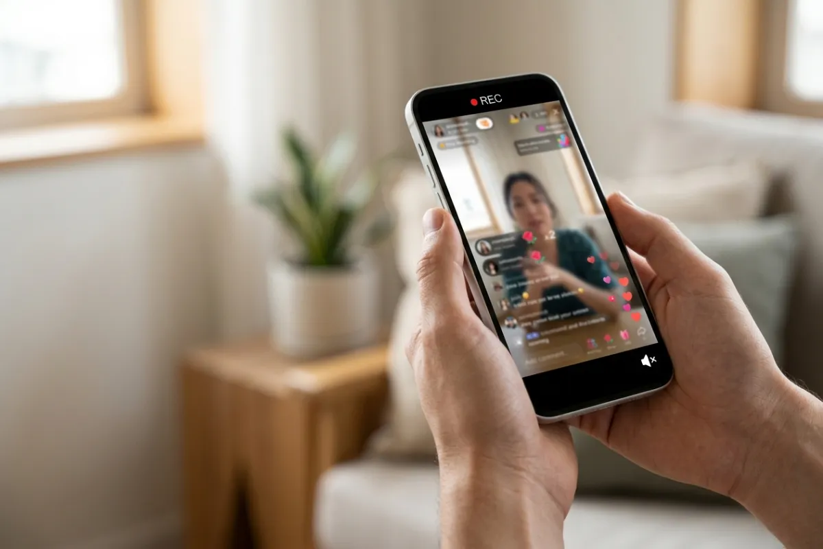 Hands holding a phone recording a live TikTok stream, with the REC indicator, comments and heart reactions on screen — saving a TikTok live before it disappears