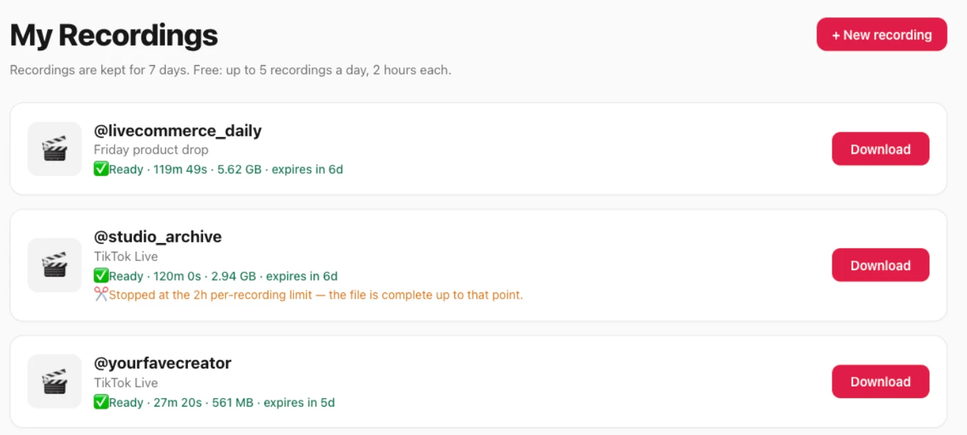Clean TikTok live recordings in the TokLiveRecorder My Recordings panel — the stream itself, without any screen interface
