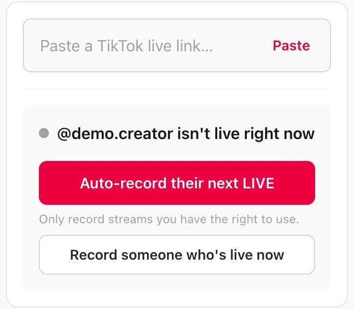 TokLiveRecorder on a phone: a creator who isn't live, with the Auto-record their next LIVE button