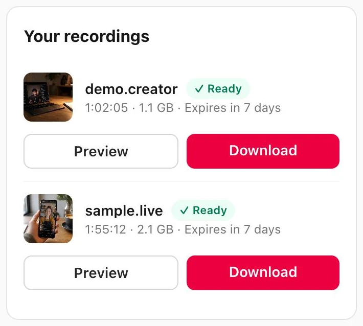A list of finished TikTok LIVE recordings, each marked Ready with Preview and Download buttons