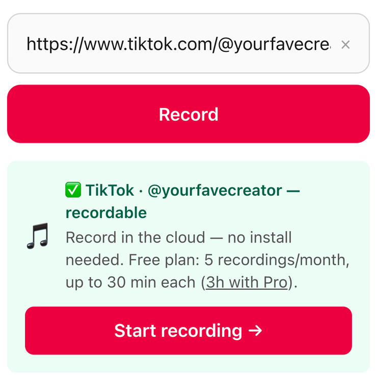 Record TikTok live online: pasted LIVE link detected as recordable, with the free plan quota shown before starting